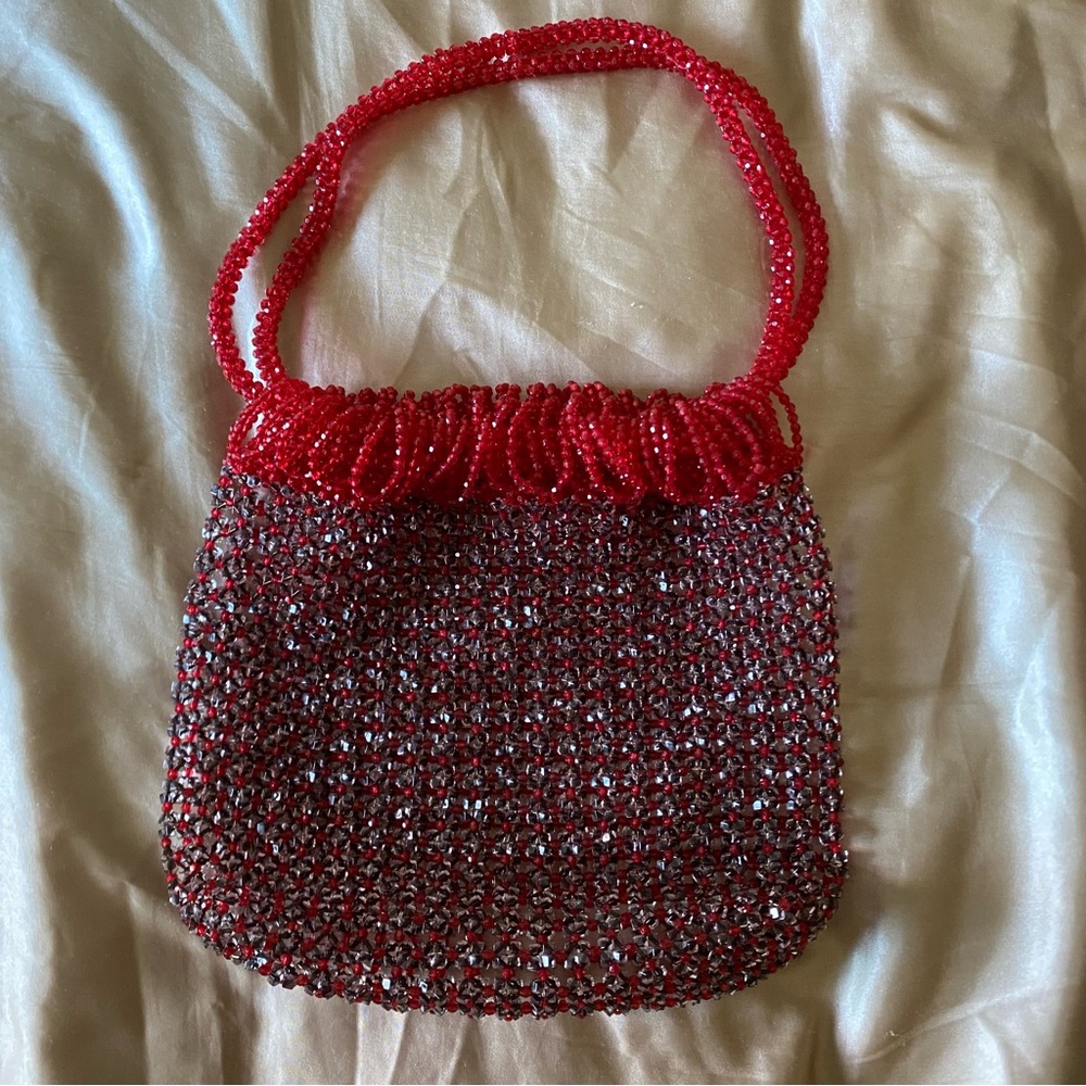 Handmade Beaded Hollow Crystal Beads Woven Bucket Style Red Bag Purse, D04